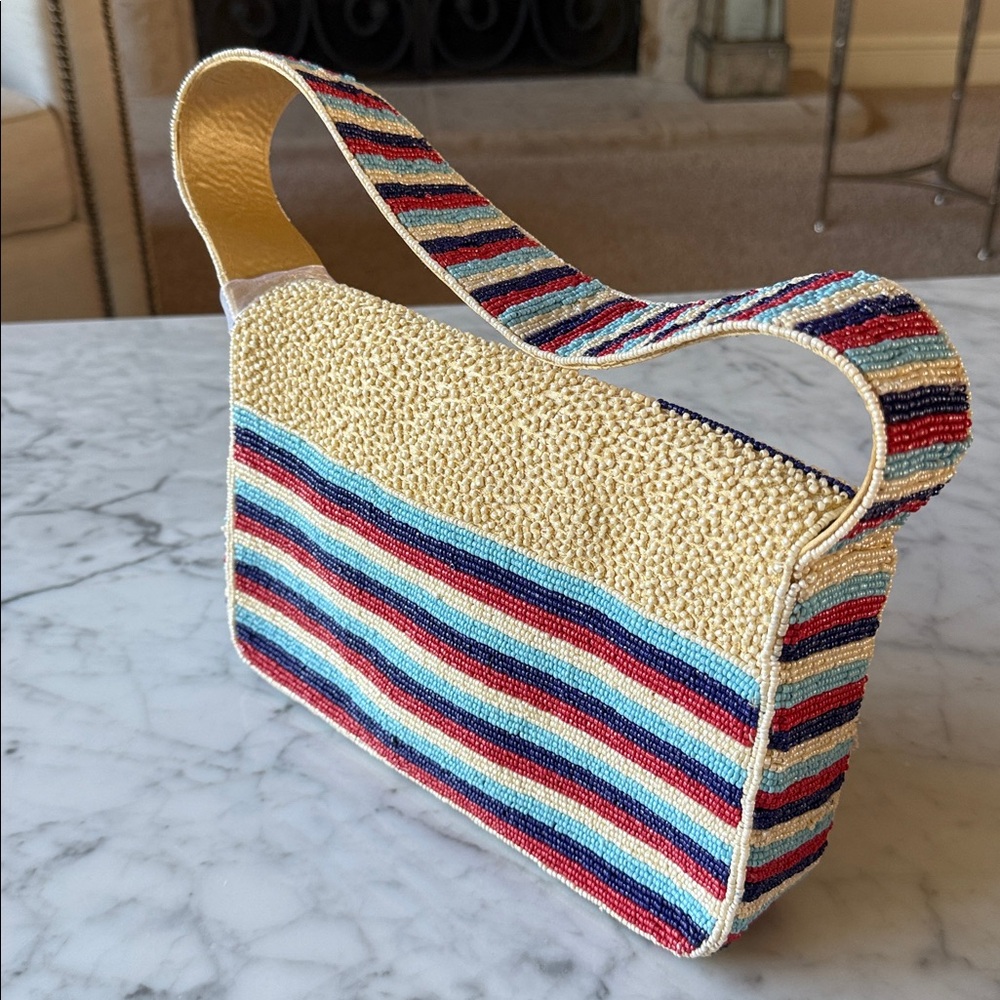 Route 66 beaded bag 10”x7”x2” red white and blue stripes. So cute!🥰 nwt - Picture 2 of 5